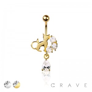 316L SURGICAL STEEL WHIMSICAL CAT DANGLE CZ DROP DANGLE BELLY BUTTON NAVEL RING 